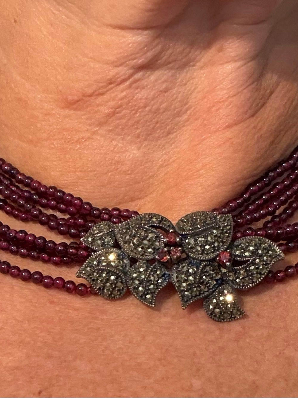 Vintage Multi-Strand Garnet Beaded Necklace with Pave Leaf Clasp